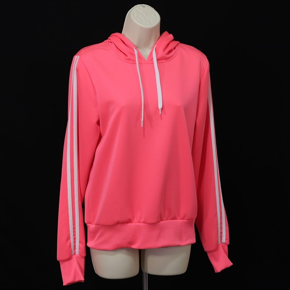 AQ Sport Women's Pullover Hoodie Sweatshirt M Medium Hot Pink White Arm Stripes